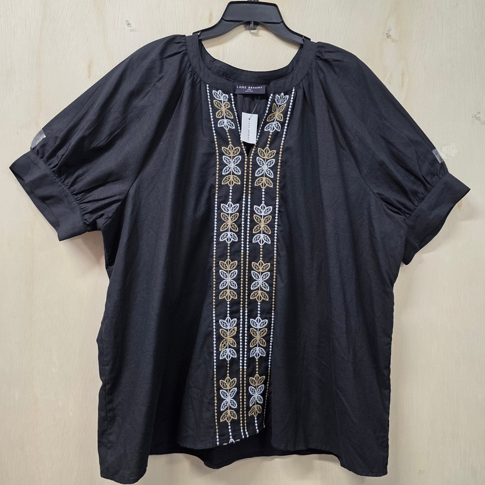 Lane Bryant Black Embroidered Linen Blend Peasant Top Plus Size 18/20 NWT